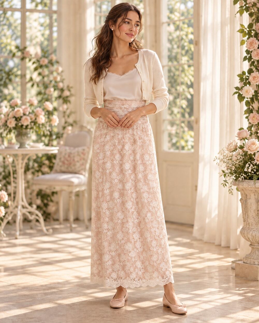 Vintage Lorrie Kabala Lace Maxi Skirt Blush Pink Rose Lace SZ 10 USA Made